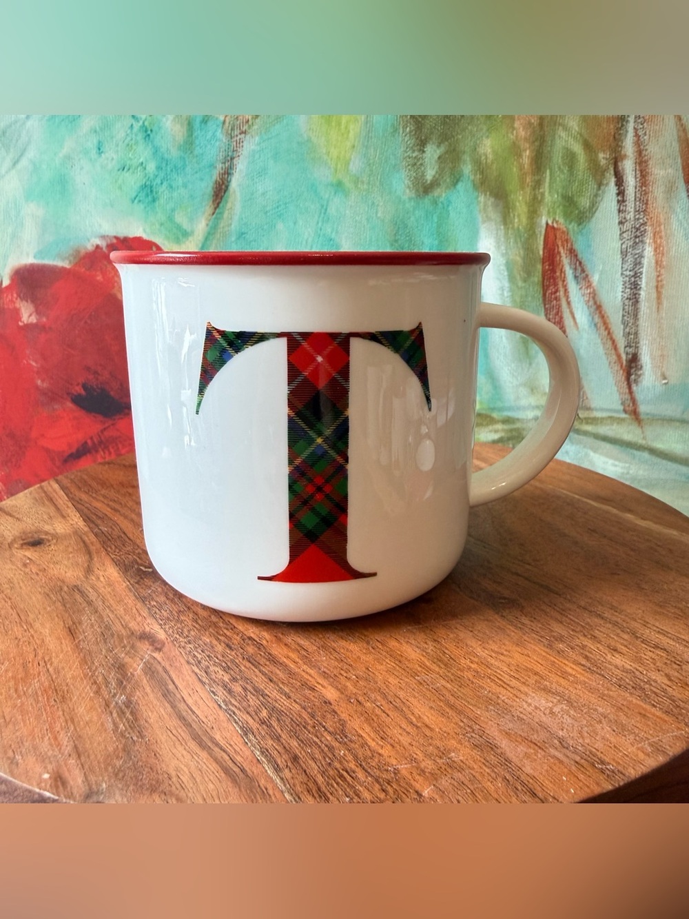Bee & Willow Home Monogram T Tartan Plaid Coffee Cup/Mug 16oz